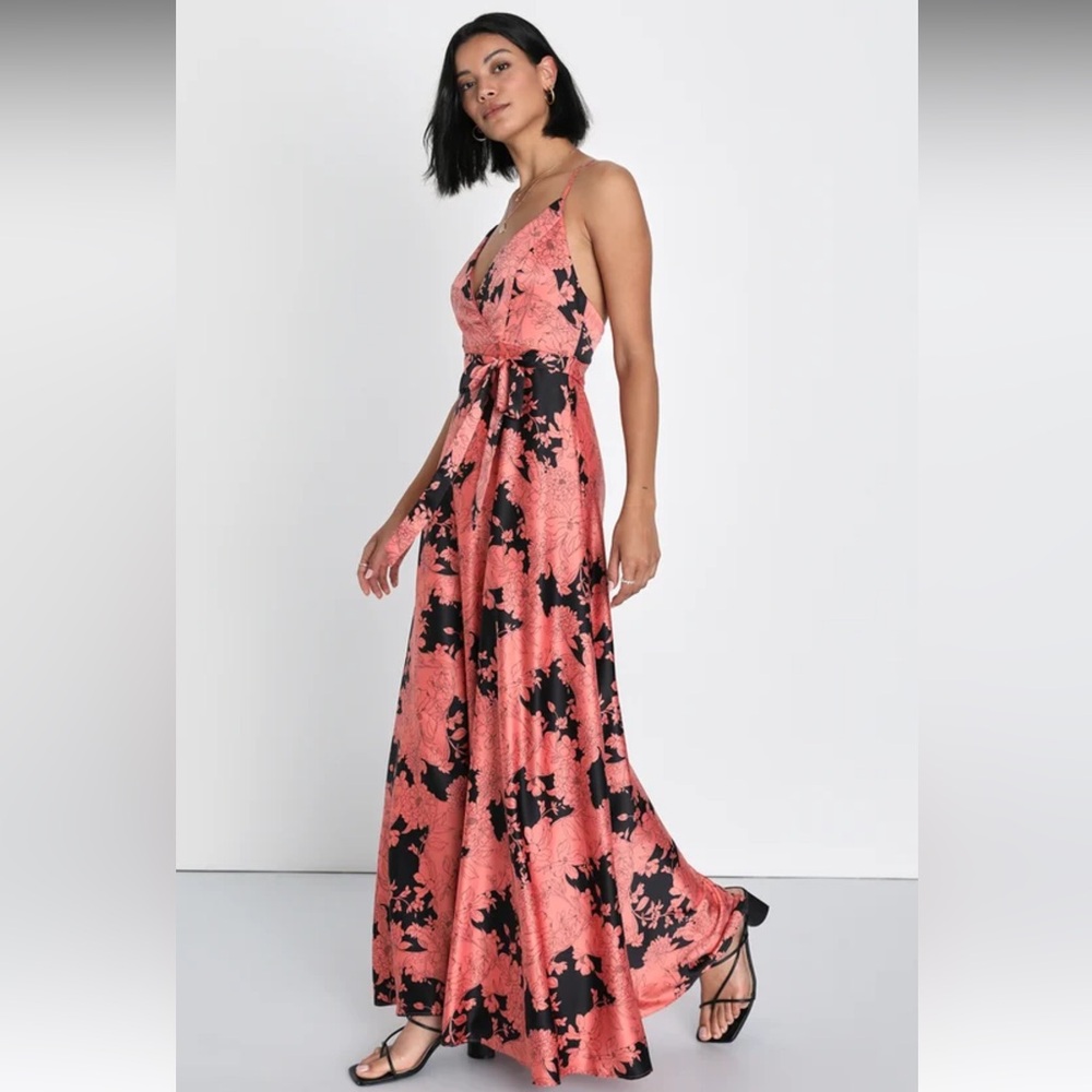 Lulus Maxi Dress- Tea Gardens Rusty Rose Floral Print Satin Maxi Dress